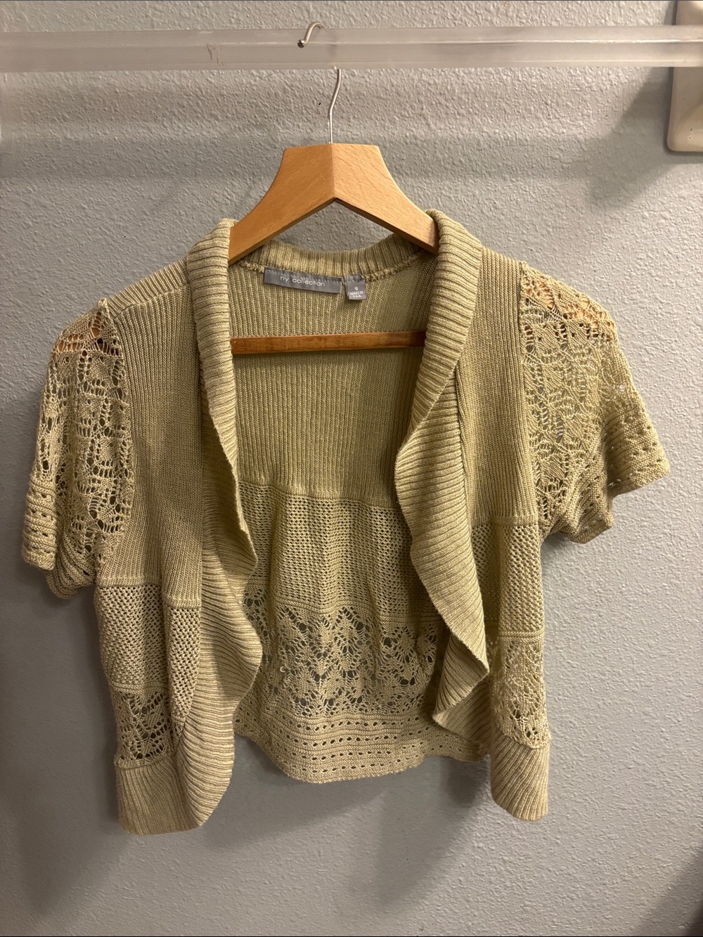 NY Collection Short Sleeve Crochet Open-Front Cardigan - Cream